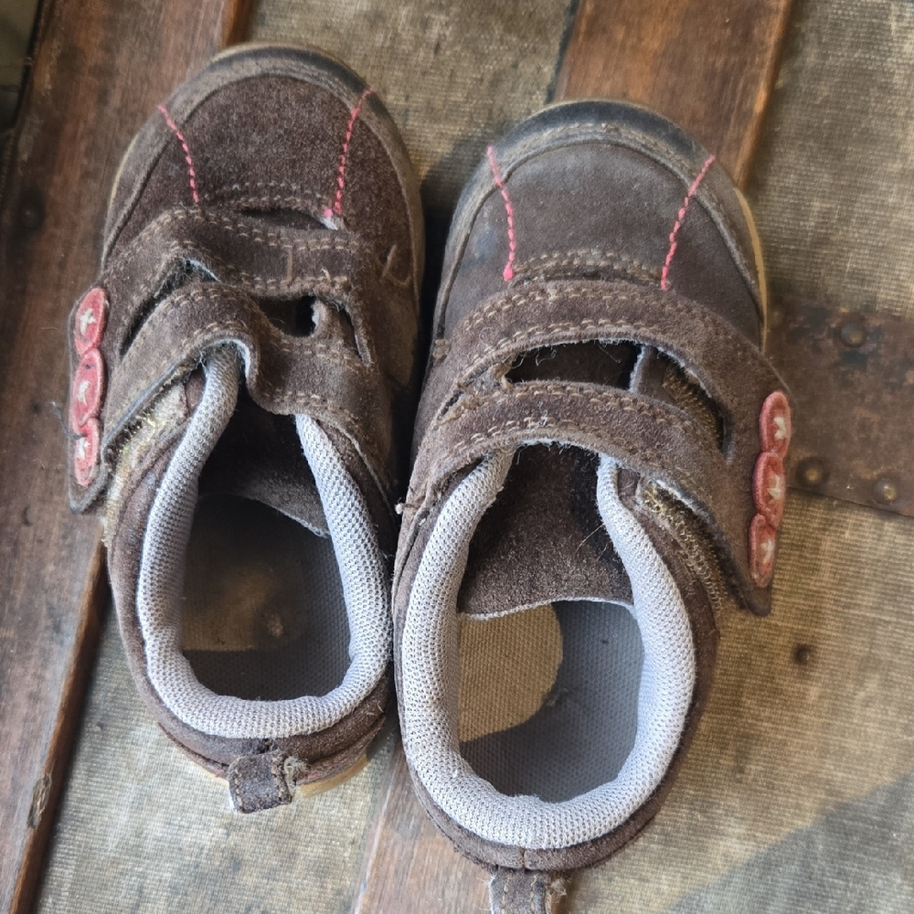 Cozy Brown Baby Merrell Shoes with Red Stitching